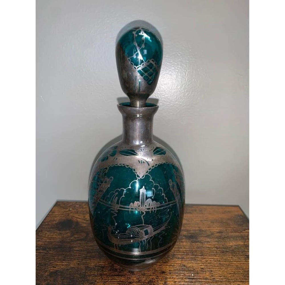 Vintage Murano Venetian Art Glass Decanter Sterling Silver Overlay